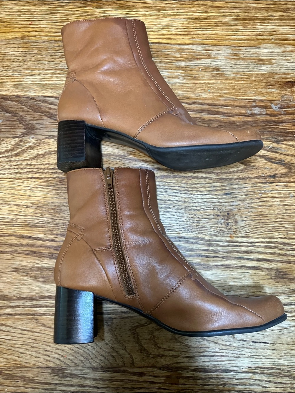 Women's Cognac Faux-Leather Ankle Booties with Block Heel